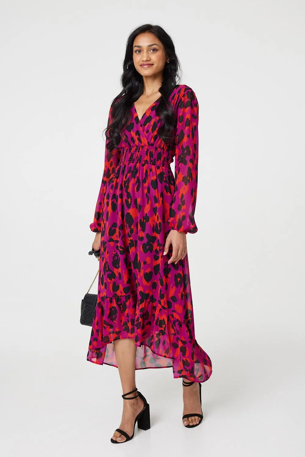 Animal Print V-Neck Curve Hem Midi Dress