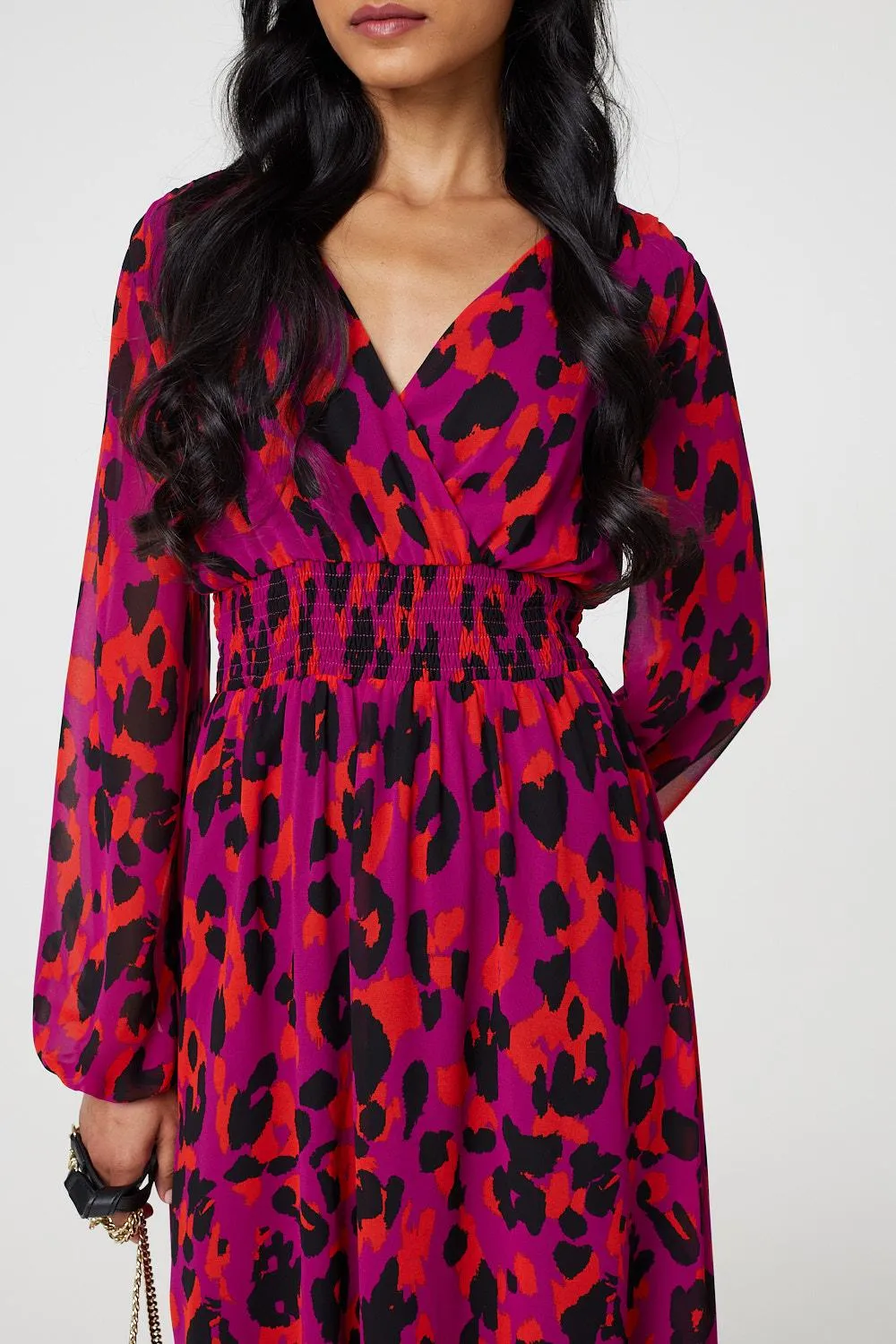 Animal Print V-Neck Curve Hem Midi Dress