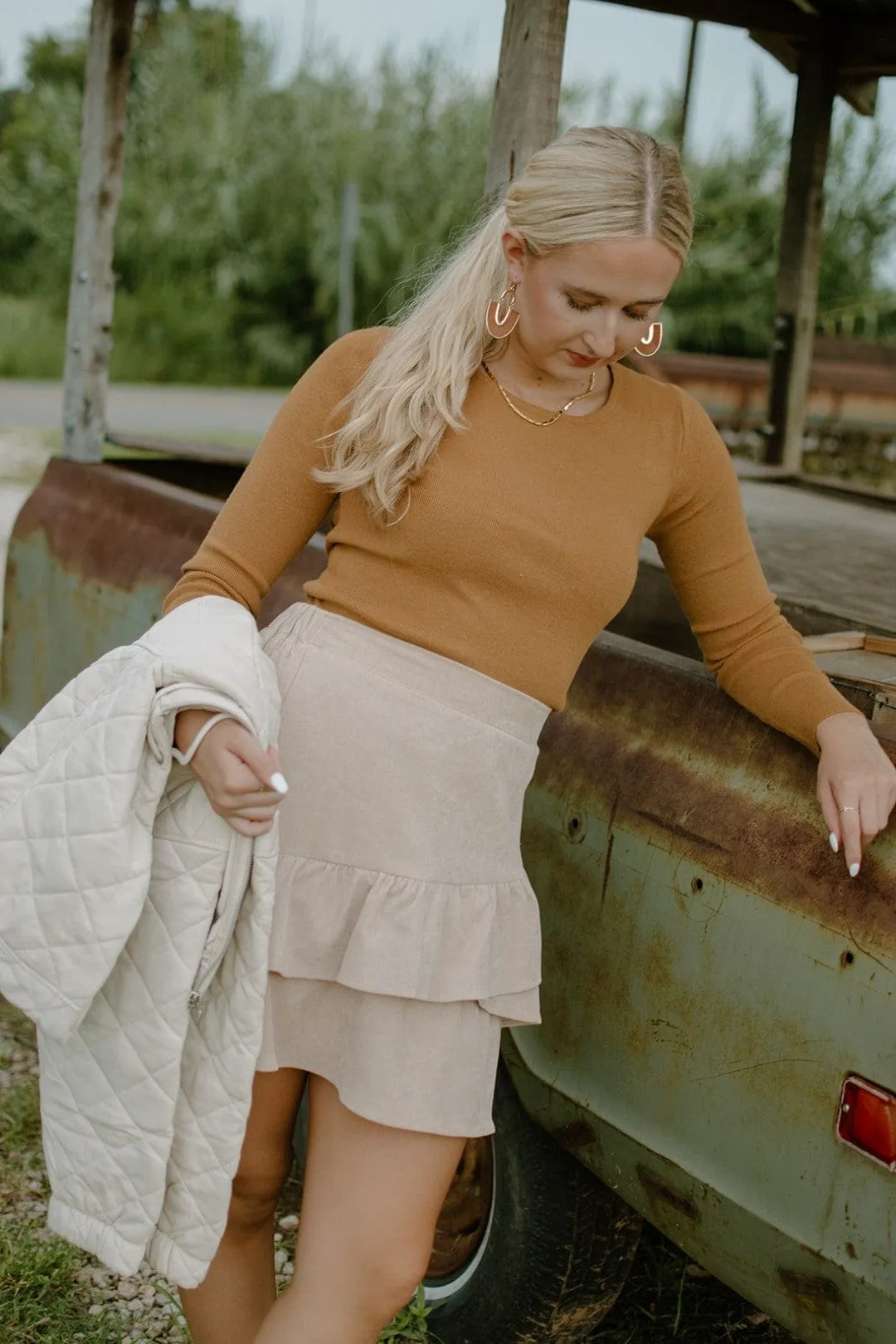 Beige Corduroy Two Tier Mini Skirt