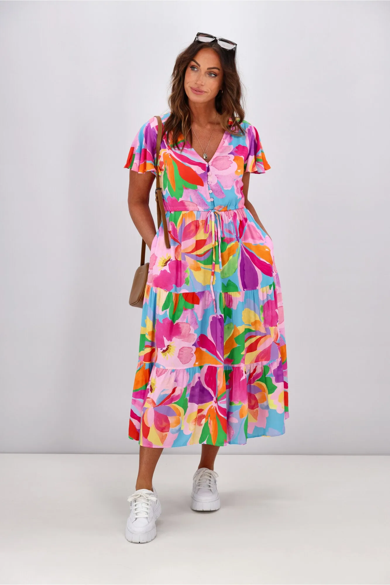 Boho Australia Hibiscus Hues Midi Dress Multi