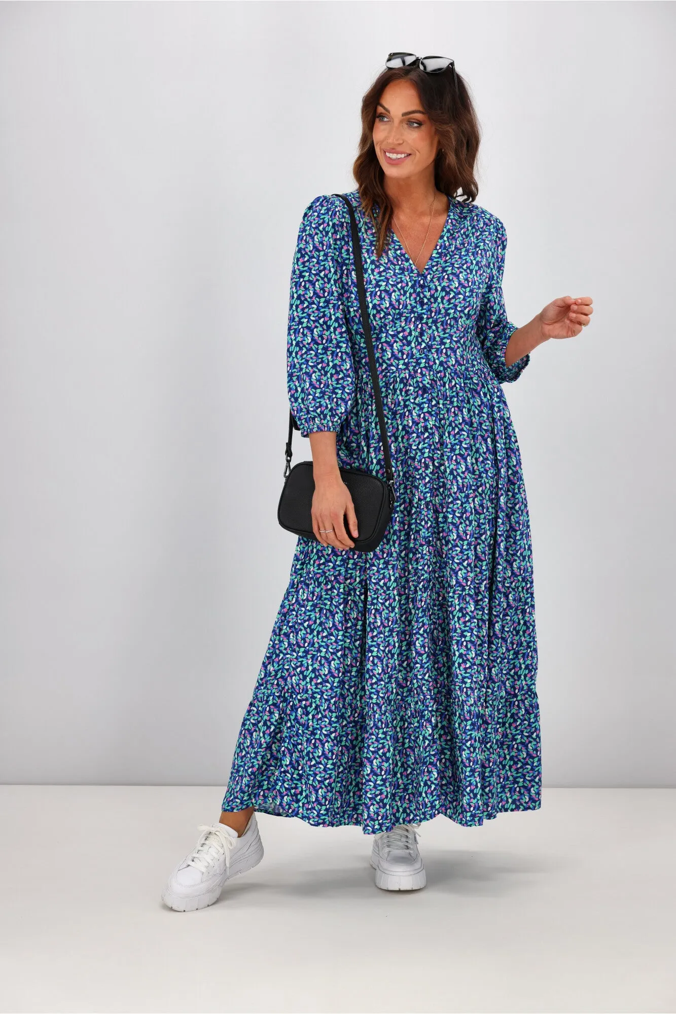 Boho Australia Kurt Midi Dress Blue Multi Print