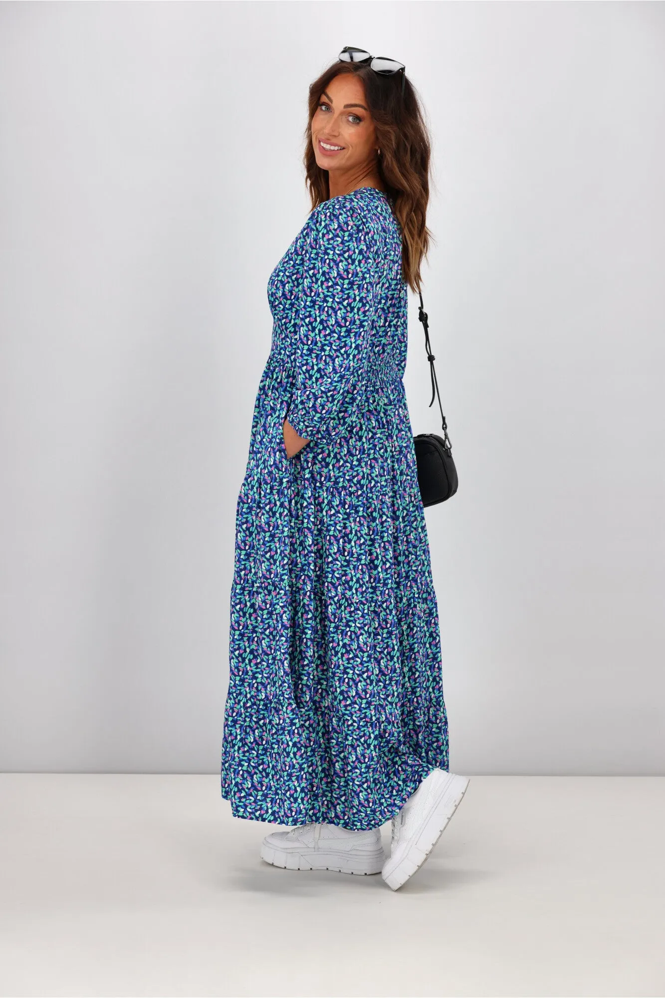 Boho Australia Kurt Midi Dress Blue Multi Print