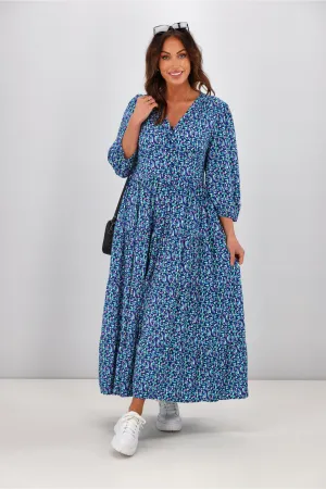 Boho Australia Kurt Midi Dress Blue Multi Print