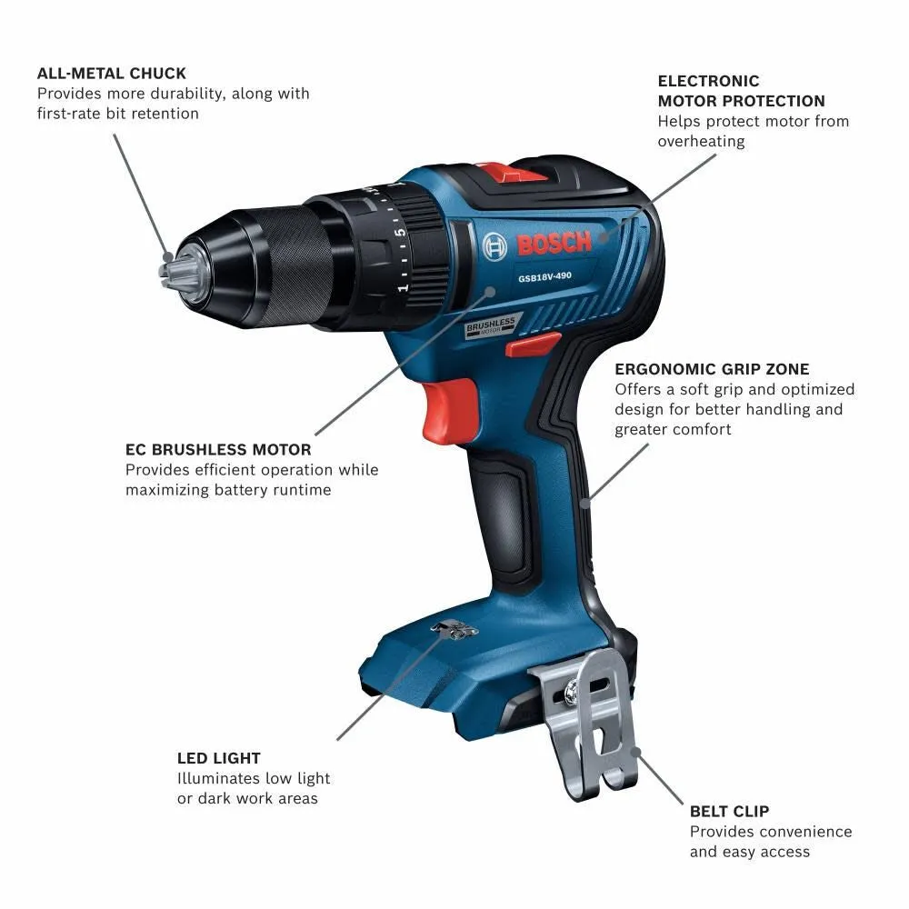 Bosch GSB18V-490N 18V EC Brushless 1/2 In. Hammer Drill/Driver (Bare Tool)