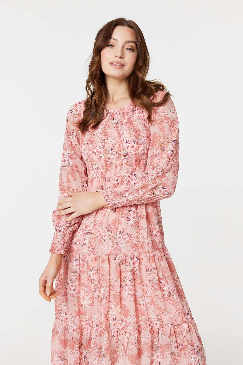 Floral Print Smocked Midi Dress