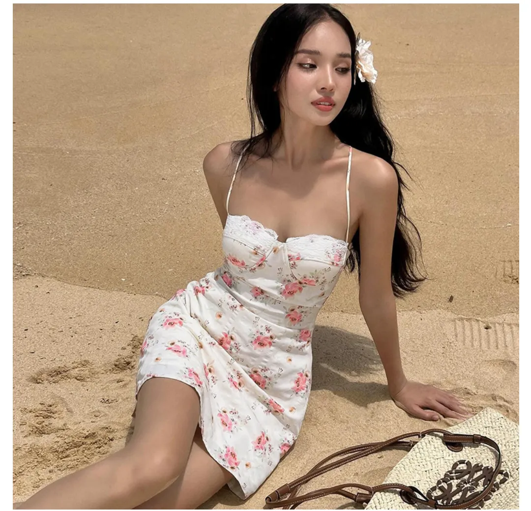 Fresh Sweet Stitching Lace Beach Floral Princess Dress Women