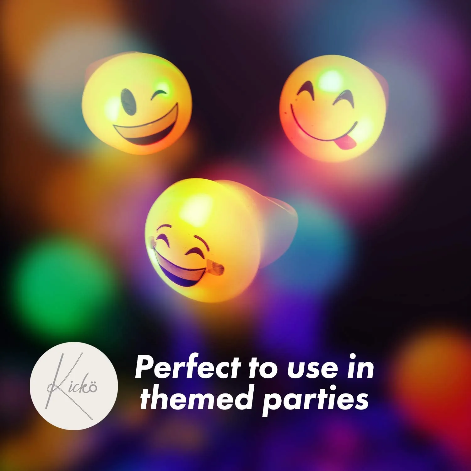 Kicko Flashing Emoticon Rubber Rings - 12 Pack - Assorted LED Fancy Jewelry - Kids