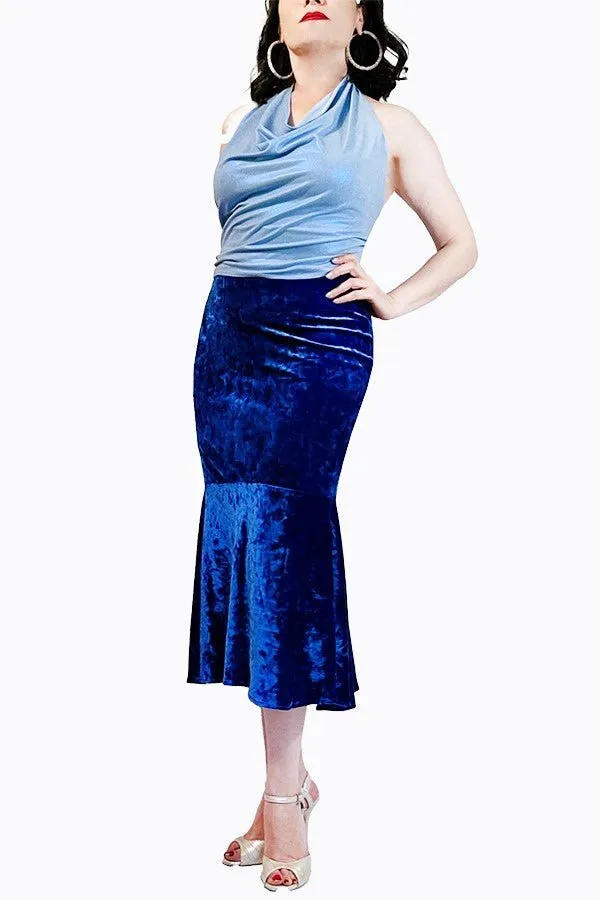 sapphire-blue velvet mermaid tango skirt with back slit