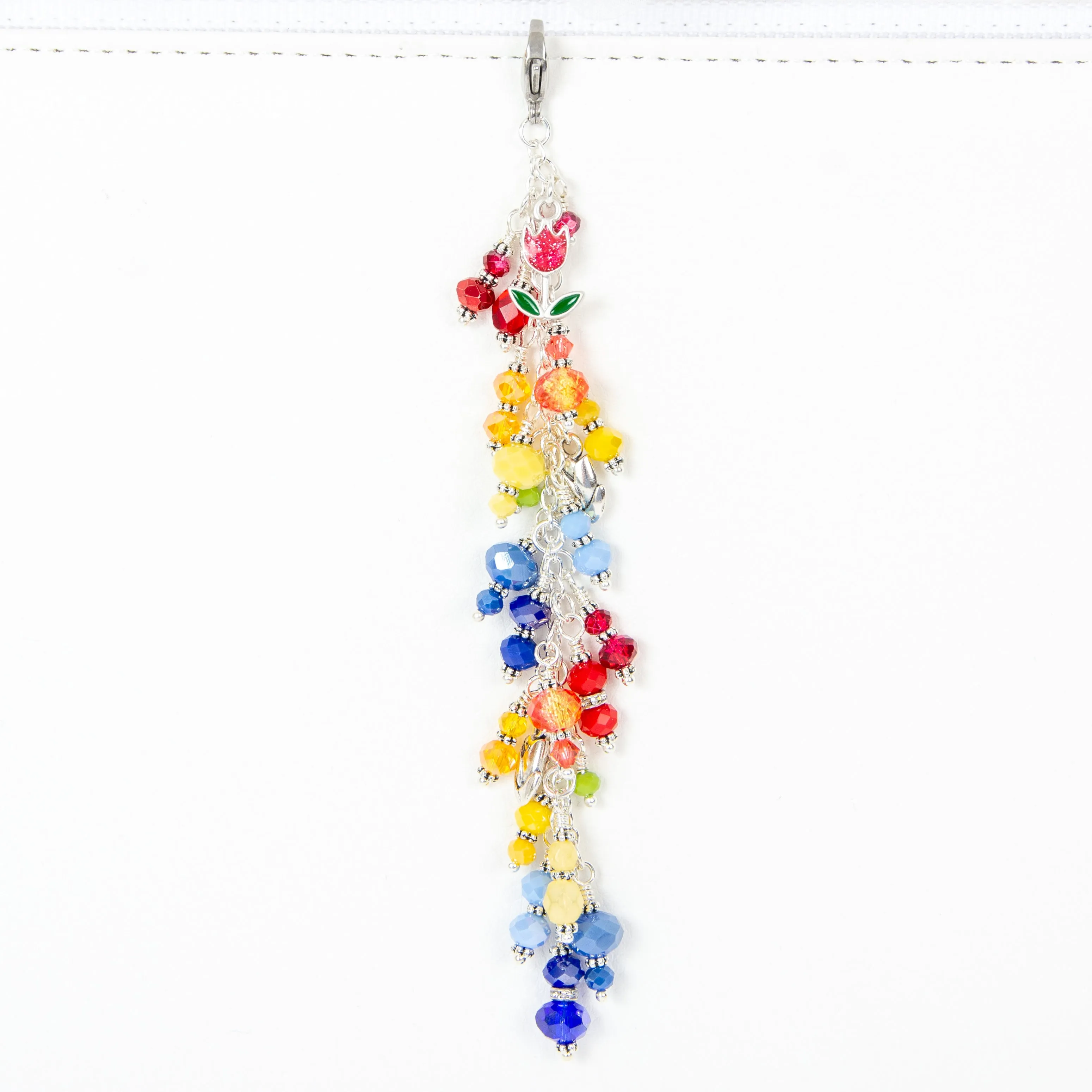 Tulip Planner Charm with Red, Yellow and Blue Crystal Dangle in Two Lengths