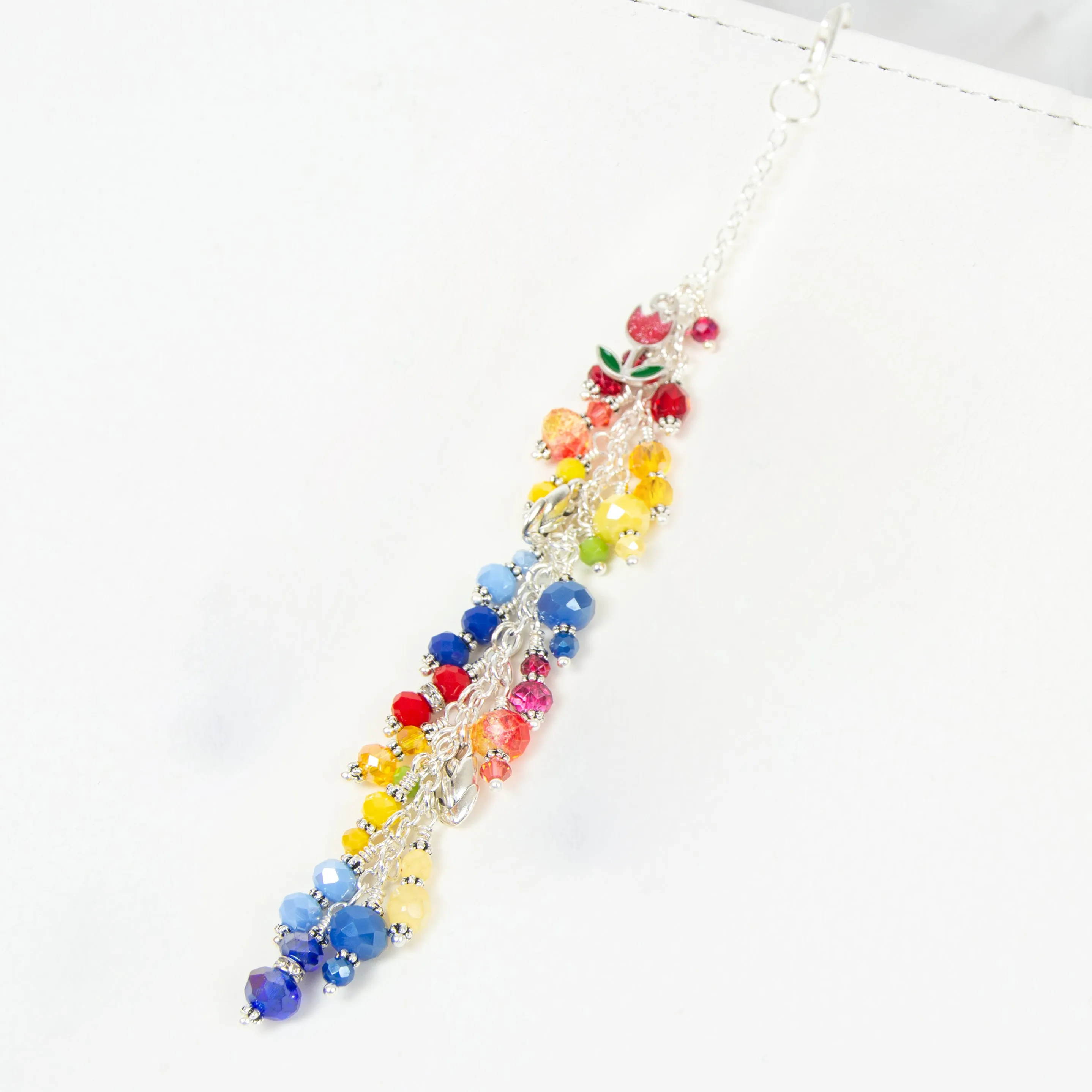 Tulip Planner Charm with Red, Yellow and Blue Crystal Dangle in Two Lengths