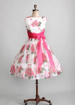 Vintage 1950s Pink Roses Chiffon Party Dress