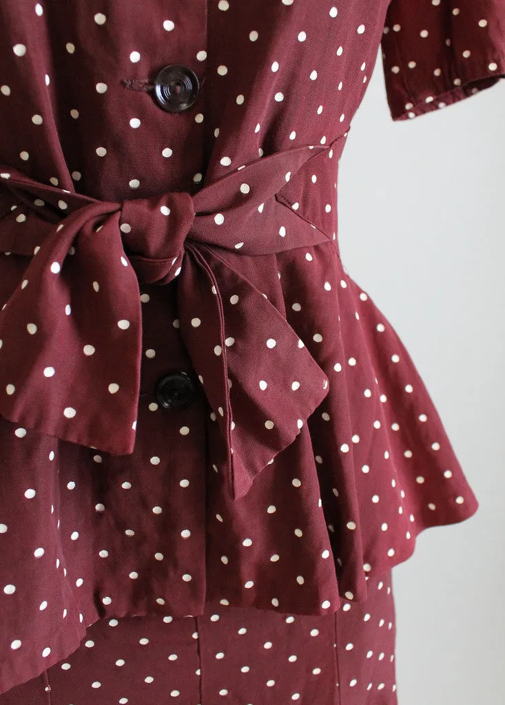 Vintage Late 1930s Polka Dot Peplum Suit