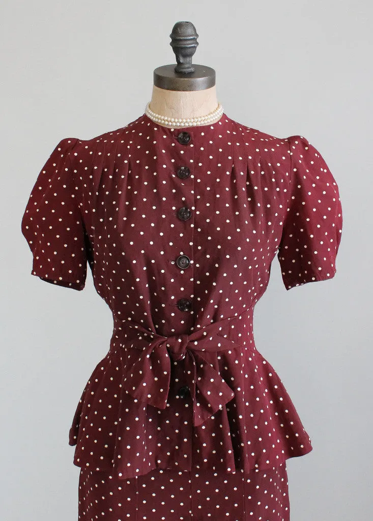 Vintage Late 1930s Polka Dot Peplum Suit