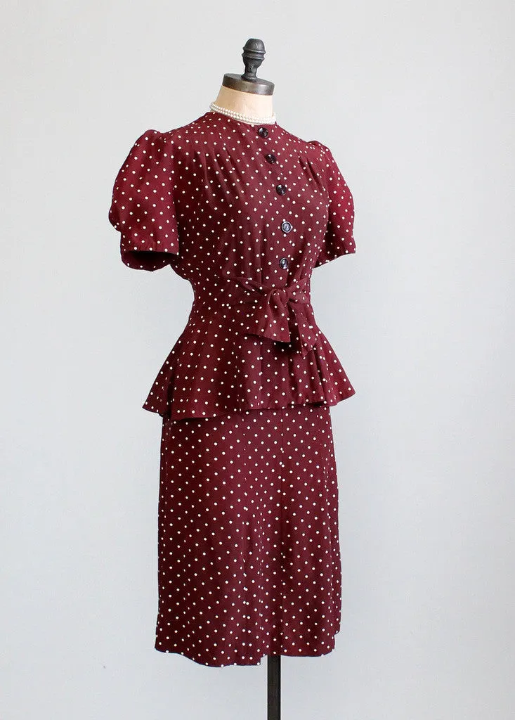 Vintage Late 1930s Polka Dot Peplum Suit