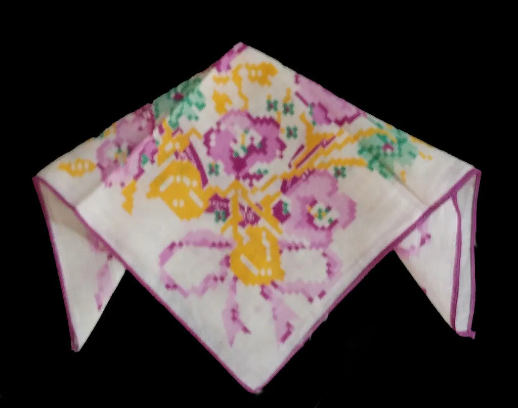 *VINTAGE NEEDLEPOINT LOOK PANSY BOUQUET HANDKERCHIEF