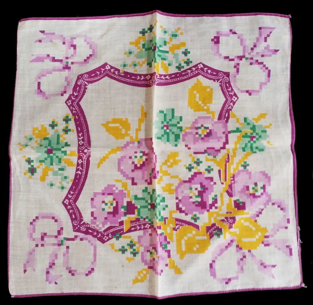 *VINTAGE NEEDLEPOINT LOOK PANSY BOUQUET HANDKERCHIEF